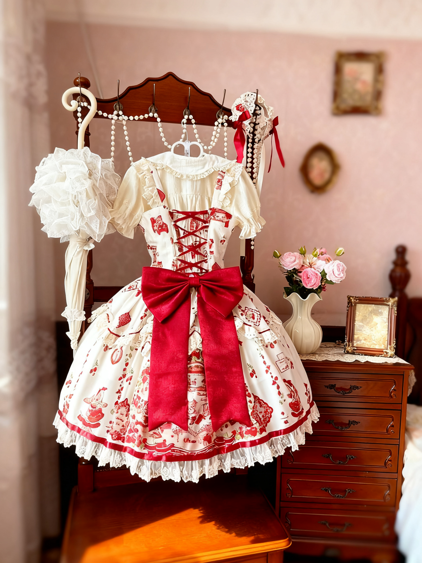 ZhiJinYuan - Strawberry Bear -  Strawberry Handle Printed Sweet Lolita JSK Dress
