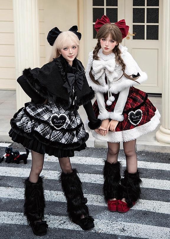 With PUJI - Snow Night Serenade - Fluffy Plaid Kawaii Lolita JSK, Reversible Cape