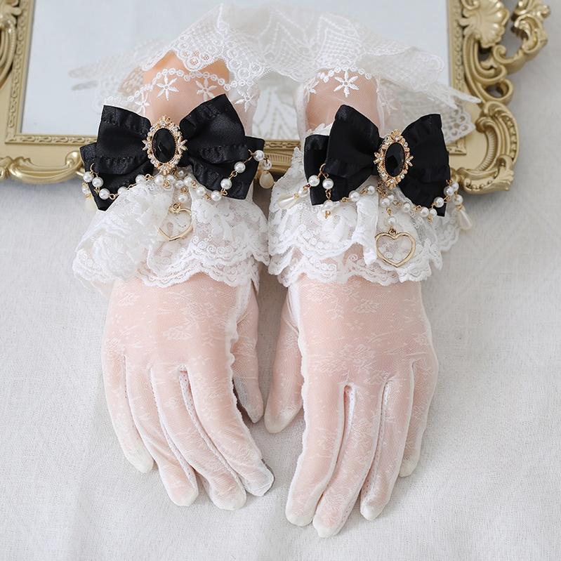 Xiaogui - Vintage Lolita Gloves Lace Bow Bead - Chain Sunscreen Gloves Hand Accessory
