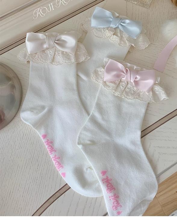 Roji Roji - Cotton Lolita Socks Lace Bow White - Socks Socks