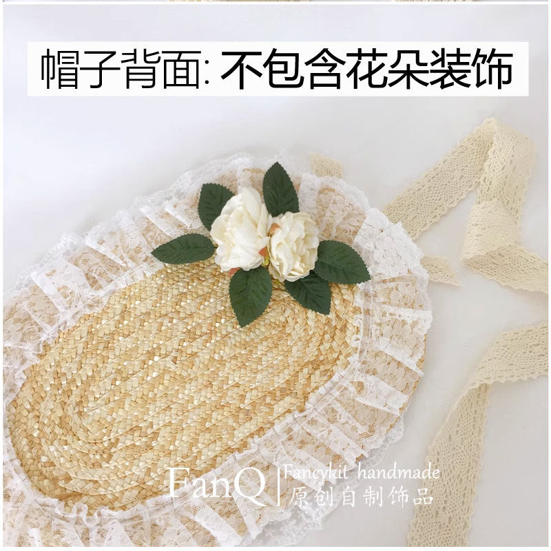 Handmade straw flat hat by LolitaFetch featuring a vintage-inspired Lolita style tea party bonnet with elegant pastoral details.