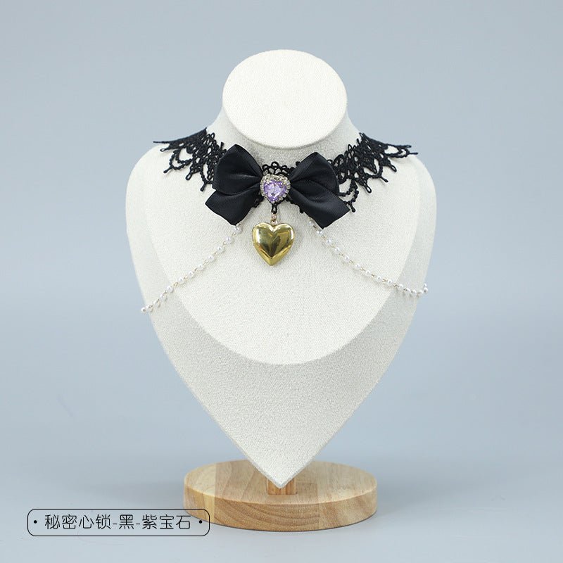 Cute Girl Costume Lace Choker Metal Heart Collarbone Chain Small Accessories Necklace Lolita Neckband - Lolita Fetch