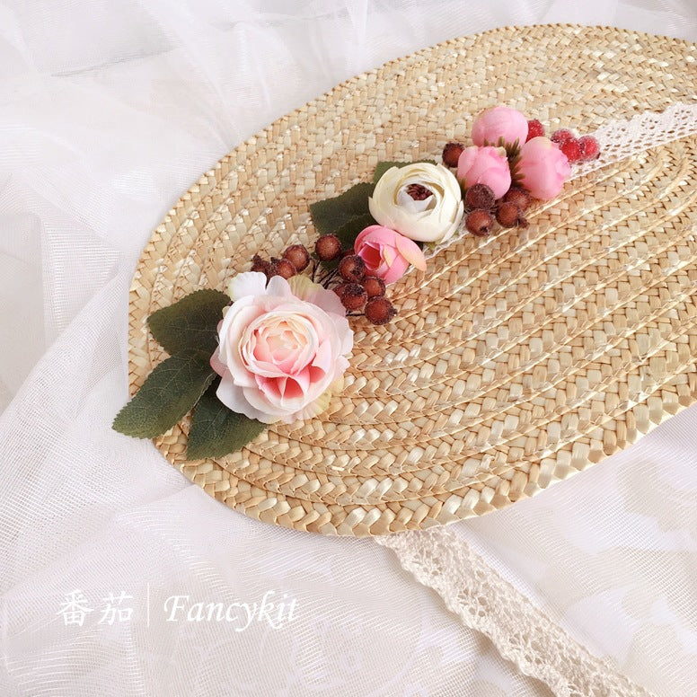Handmade Straw Hat Flat Hat Lolita Handmade Tea Party Pastoral Bonnet