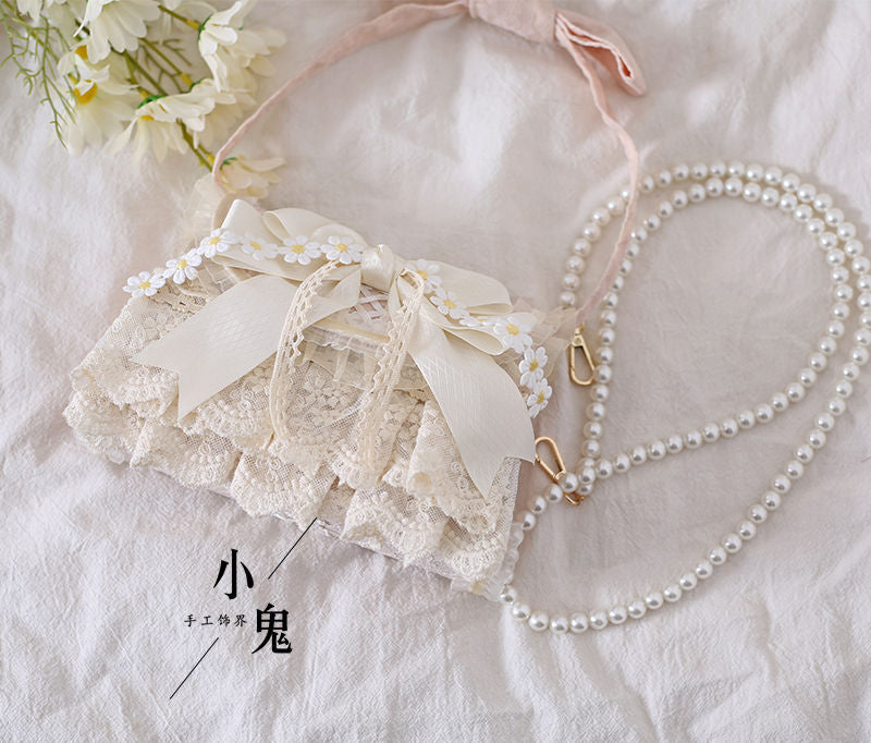 Original Lolita Forest Style Elegant Daisy Handbag - Pearl & Lace Chain Crossbody Bag