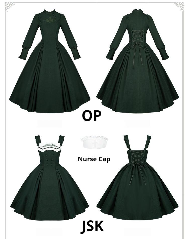 With PUJI - Abyss Clinic - Gothic Lolita Green Dress Set, Embroidery Accent