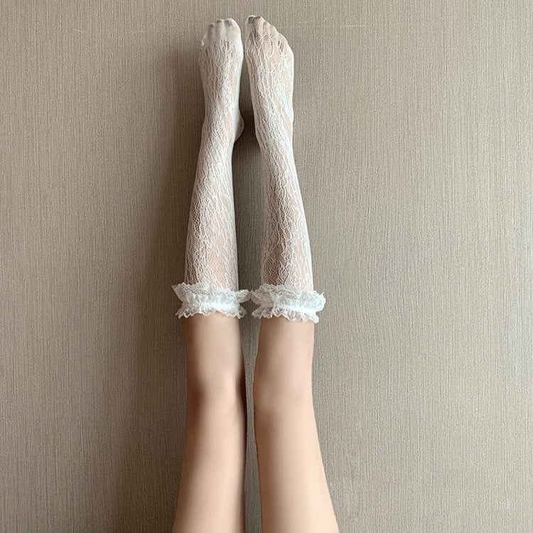 Lolita Socks Black Lace Calf Socks lace white