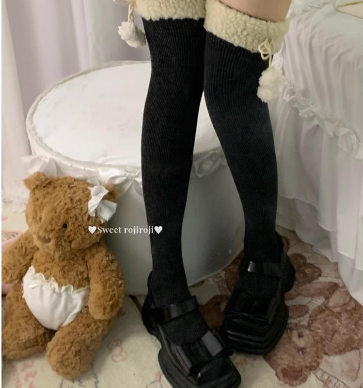 roji roji - Plush Pom-Pom - Lamb-Fleece Over-the-Knee and Calf Socks with Pom-Pom Cuffs - option image