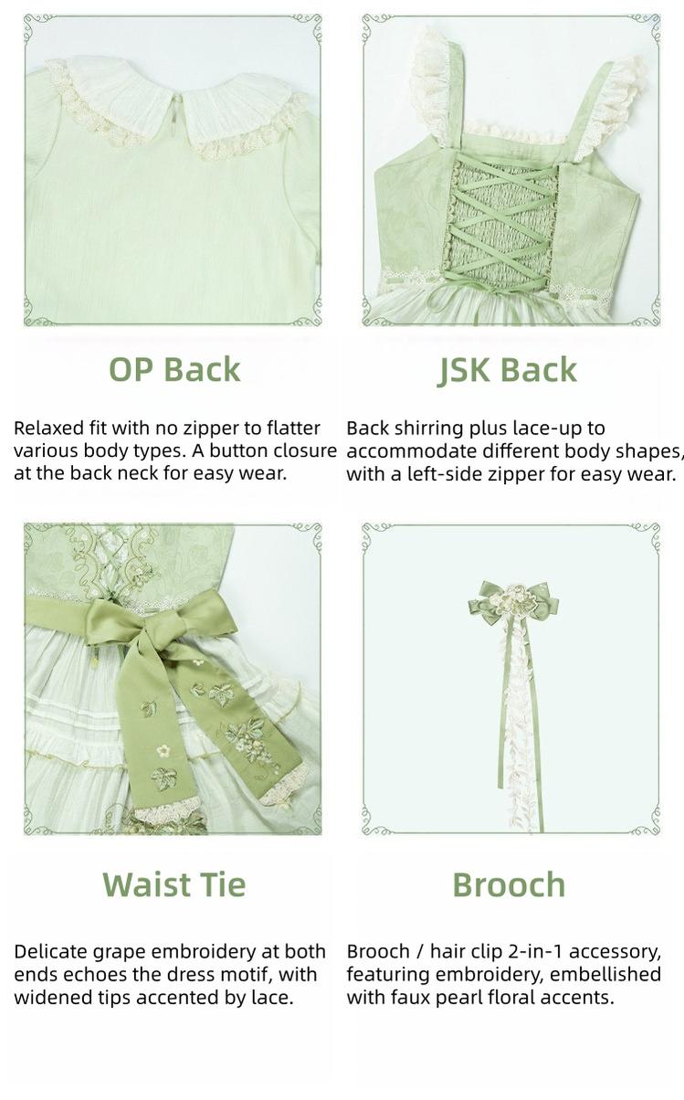With PUJI - Green Grape - Embroidered Country Lolita OP Dress, Tiered JSK