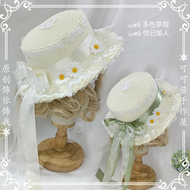 Original Handmade Lolita White Chrysanthemum Straw Hat with Bow Ribbon Sun Hat Sweet Fairy Ancient Style Outing Pastoral Hat