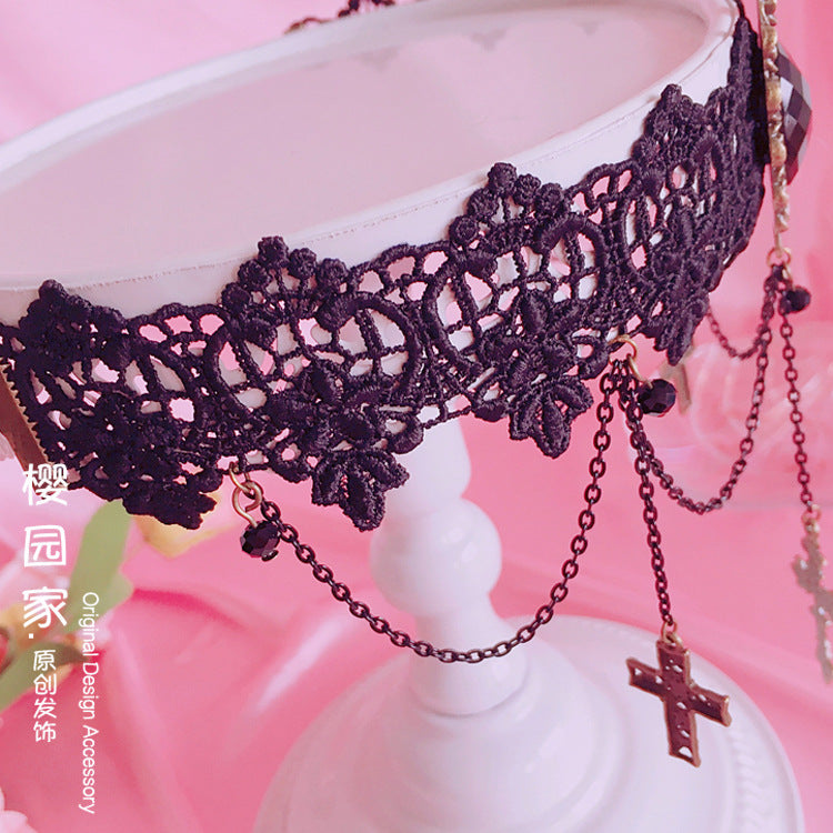 Gothic Retro Cross Choker Soft Girl Lolita Lace Short Necklace Collarbone Chain Accessory