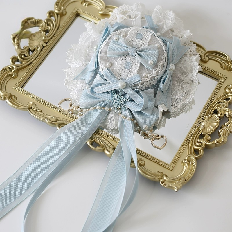 Xiaogui - Christmas Classic Lolita Lace Bow - Ice Blue Bonnet Headwear