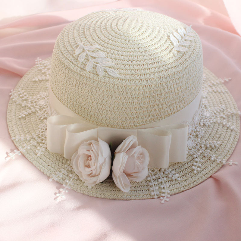 Elegant straw sun hat by LolitaFetch featuring a bowknot, perfect as a versatile headdress for daily or special occasions.