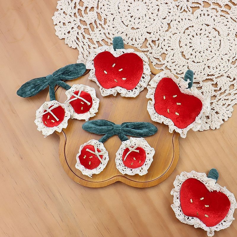 Handmade - Red Velvet Fruit Bow - Cherry and Apple Brooch - detail view 4