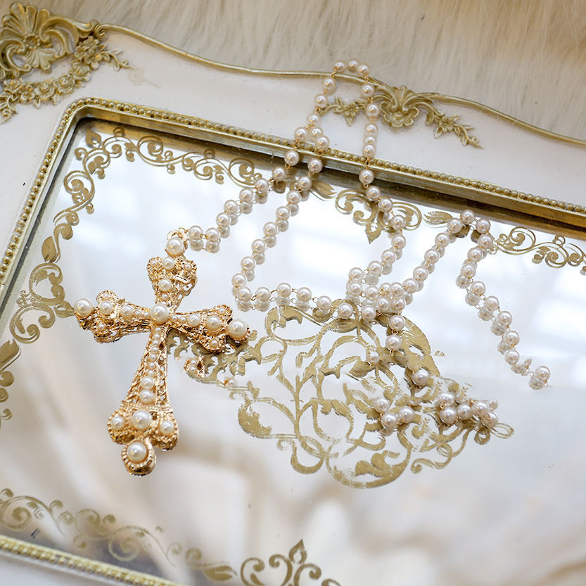 Gothic Retro Girl's Prayer Lolita Pearl Gold Lolita Cross Necklace Eur
