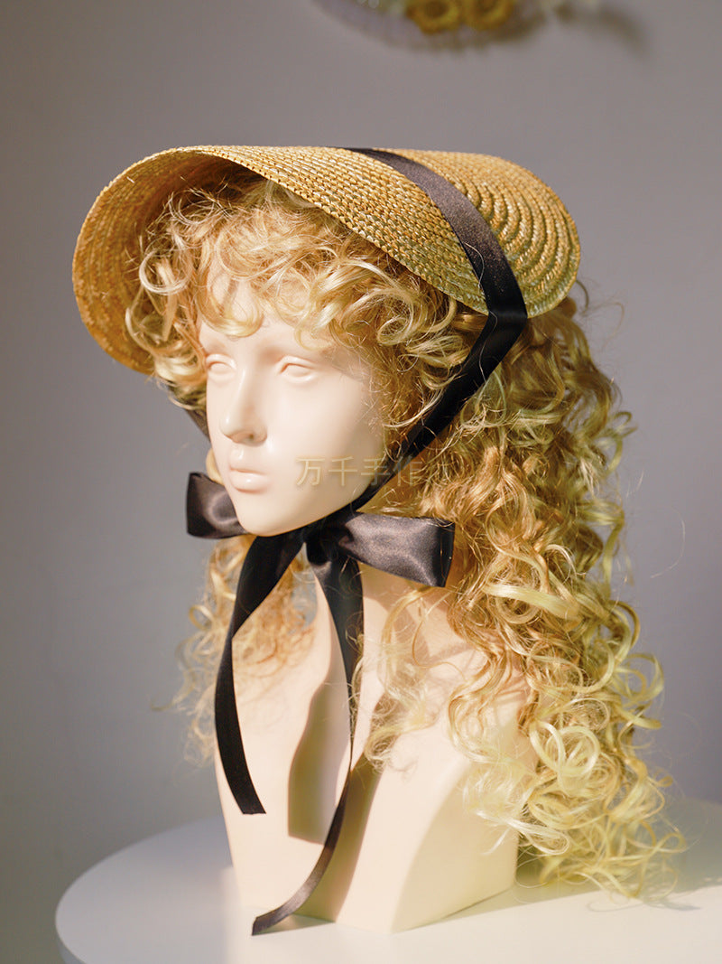 Vintage French Lolita straw flat hat with lace strap, handmade accessories, perfect for vintage-inspired fashion.