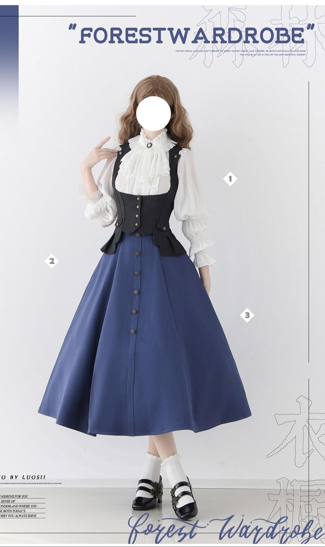 Forest Wardrobe - Misty Forest - White Classic Lolita Long Sleeve Blouse, Detachable Jabot