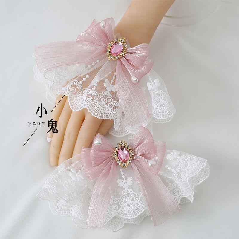 Multicolor sweet lace Lolita hair accessories with dark red tulle bow, lace hand sleeves, and bracelet for Lolita fashion style.