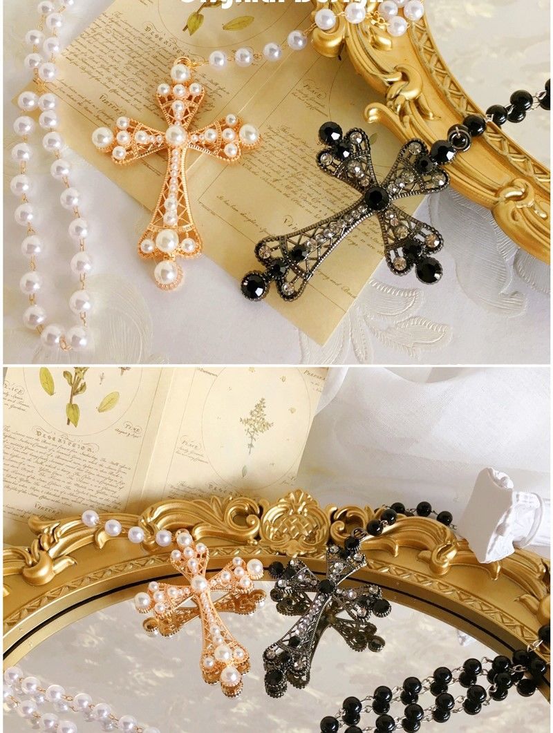 Gothic Retro Girl's Prayer Lolita Pearl Gold Lolita Cross Necklace Eur
