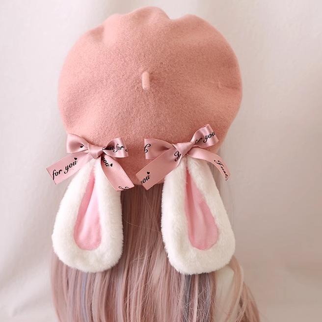 Xiao Gui - Winter - Pink Wool Lolita Beret with Fixed Bunny Ears - product detail 2