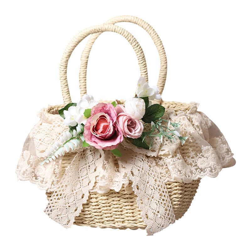 Original Handmade Straw Bag Lolita Lace Artificial Flower Beach Pastoral Soft Girl 2022 New Handbag Tote Bag
