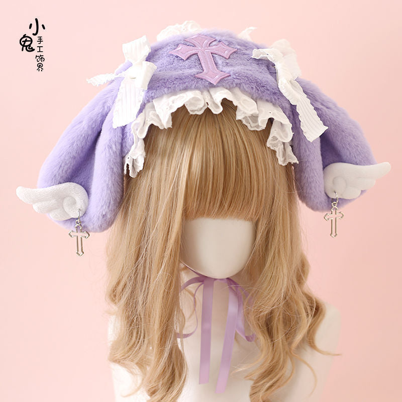 Lolita Bunny Ear Headband Subculture Cute Plush Angel Wings Lolita Hair Accessory Lolita Headwear