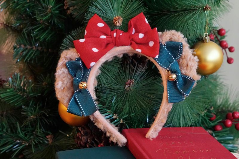 Handmade Lolita Bear Ear Bow Christmas Hairband by LolitaFetch featuring festive red and white bow with bear ears, ideal for holiday accessories.