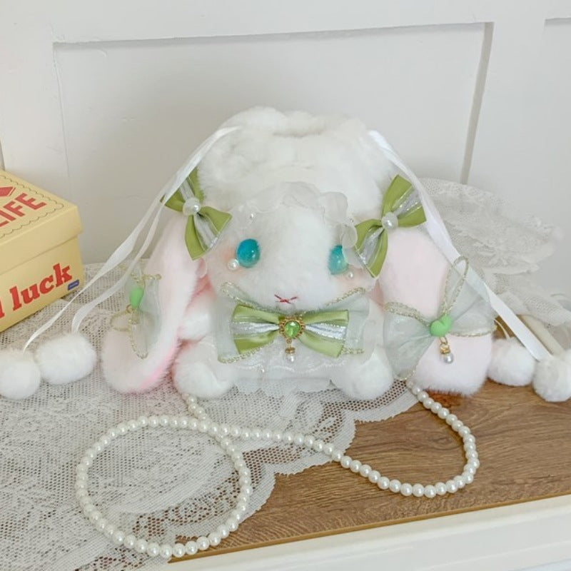 Lop-Eared Bunny Lolita Pearl Chain Doll Bag – 2025 Cute Bow Plush Shoulder Bag