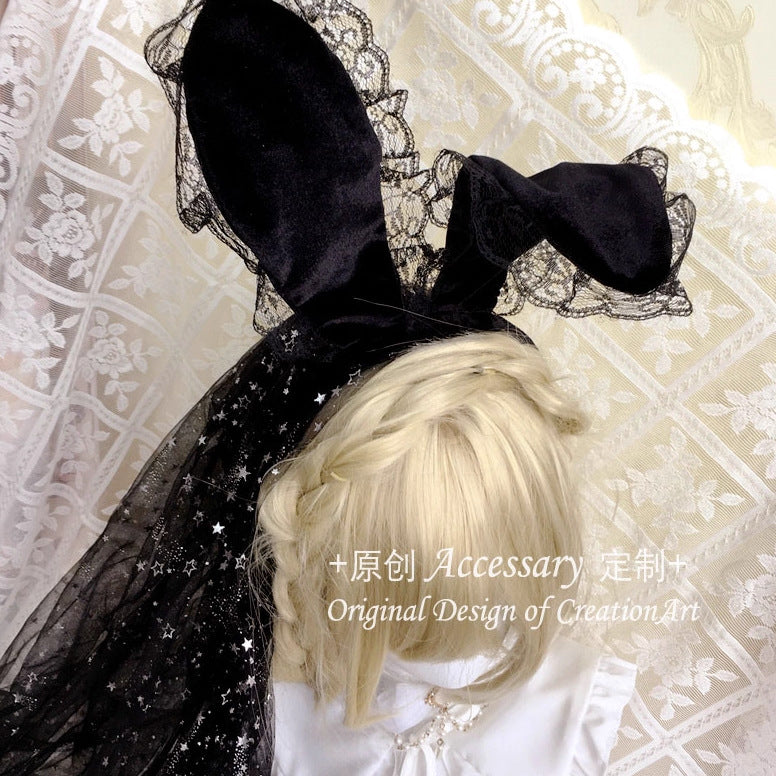 Dark gothic Lolita cat headband with black bunny ears and French star veil, featuring rose details and custom design.
