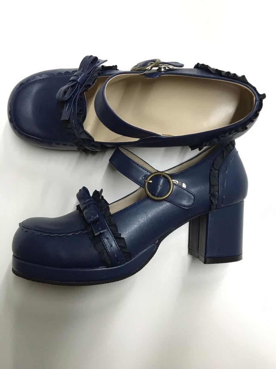 Navy-blue single-strap platform Lolita shoes with square toe and mid-heel