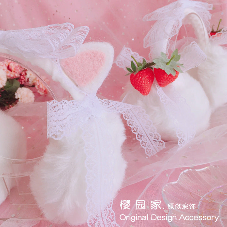 Christmas Warm Winter Lolita Plush Ear Muffs Strawberry Cat Ear Cute Ear Muffs Beautiful Lace Ear Covers - Lolita Fetch