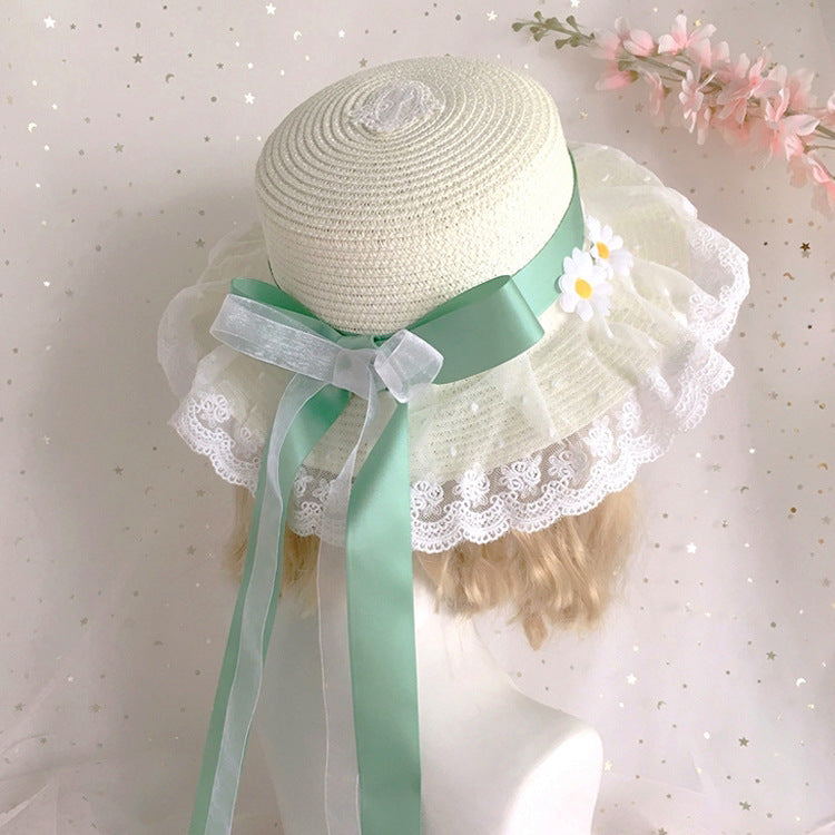Original Handmade Lolita White Chrysanthemum Straw Hat with Bow Ribbon Sun Hat Sweet Fairy Ancient Style Outing Pastoral Hat