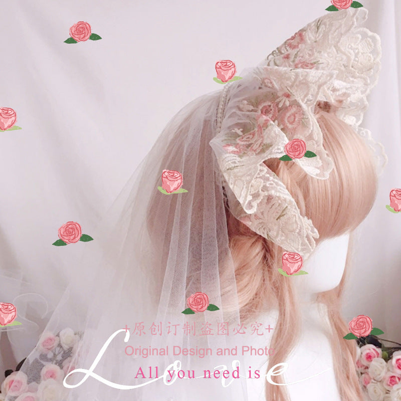 Embroidered Lace French Lolita Bonnet Headband - Vintage Lace Bnt Hat