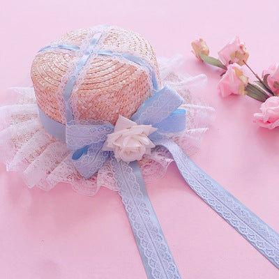 Lolita Multicolor Handmade Sweet Lace Long Ribbon Straw Hat Flat Top Sunshade Handmade Soft Girl