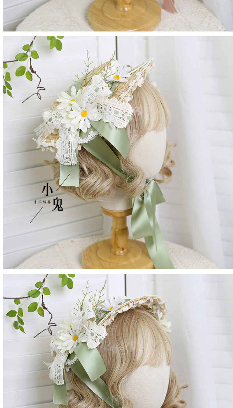 Original Lolita Straw Hat Flower Elegant Flat Hat Top Hat Bridal Tea Party Gorgeous Hat Han Western Eclectic Reminiscence
