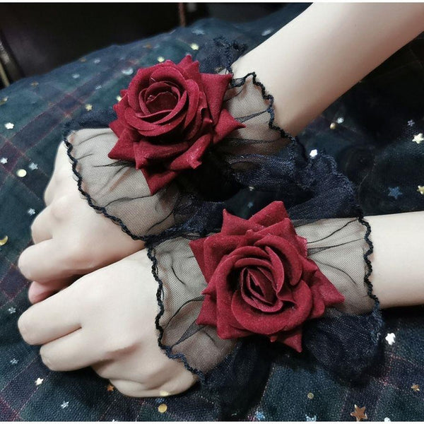 Dark Lolita Lace Wrist Cuffs for Women, Burgundy Rose Dress Cuffs with