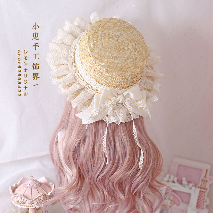 Lolita Handmade Original Elegant Straw Hat Natural Color Daisy Lace Bow Straw Hat Bridal Sun Hat