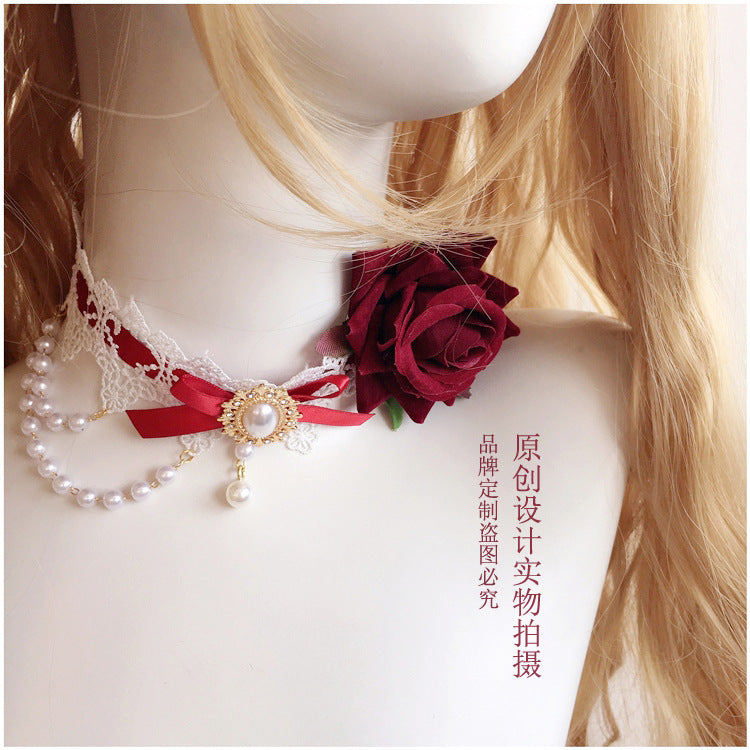 Christmas Lolita Handmade Necklace Pink Bridal Flower Necklace Tea Party Lace Pendant Pearl Choker