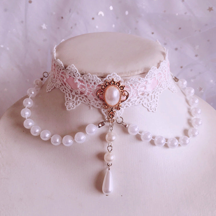 Ying Yuan Jia Lace Pearl White Choker Necklace