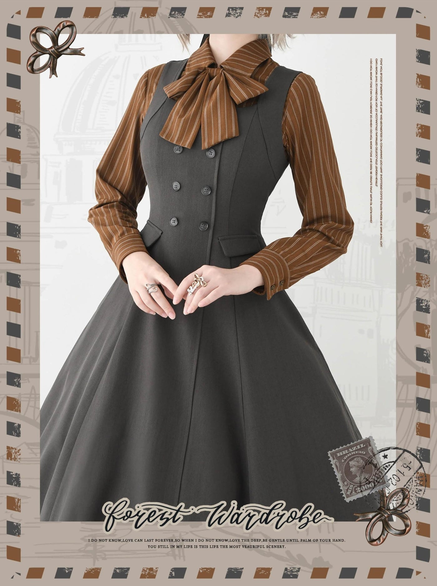 Forest Wardrobe - Forest Ode - Classic Lolita Striped Shirt, Detachable Bow Tie