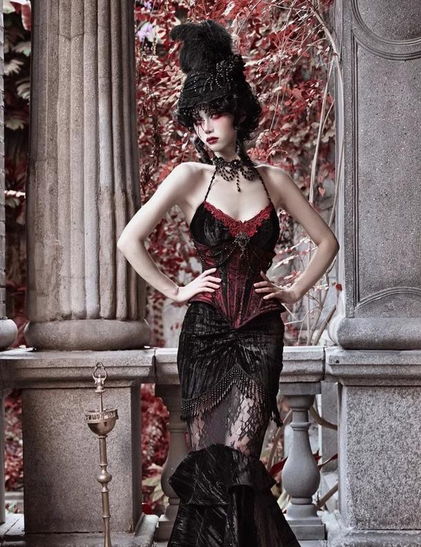 BLOOD SUPPLY - Duchess - Gothic Lolita Velvet Mermaid Skirt with Layered Frills - product detail 12