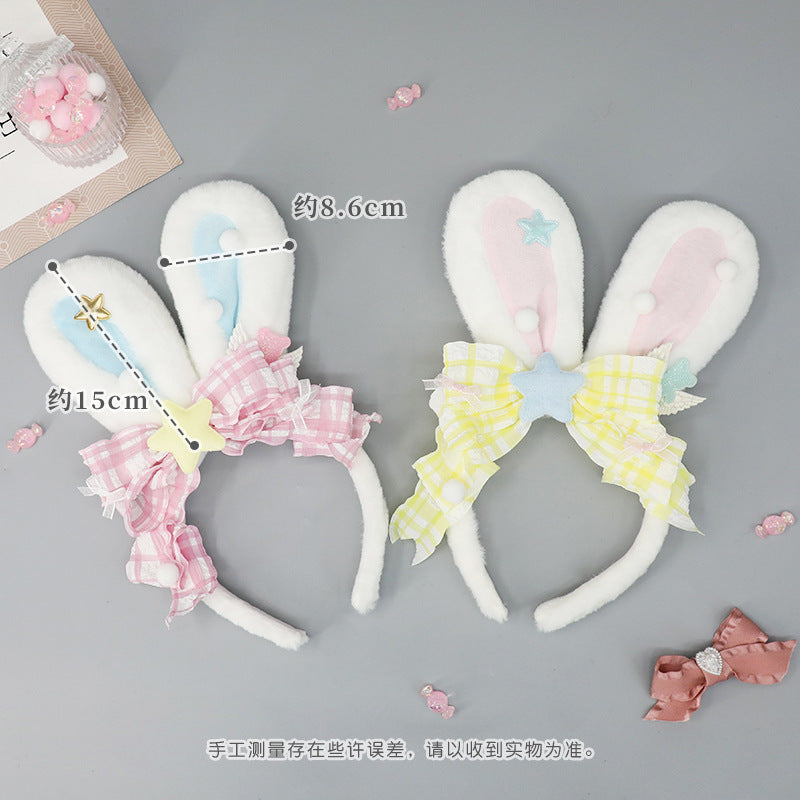 Japanese Style Cute Plush Bunny Hair Accessories Lolita Girl Comic Exhibition Headwear Ytk Bowknot Realistic Bunny Ear Hairband - Lolita Fetch
