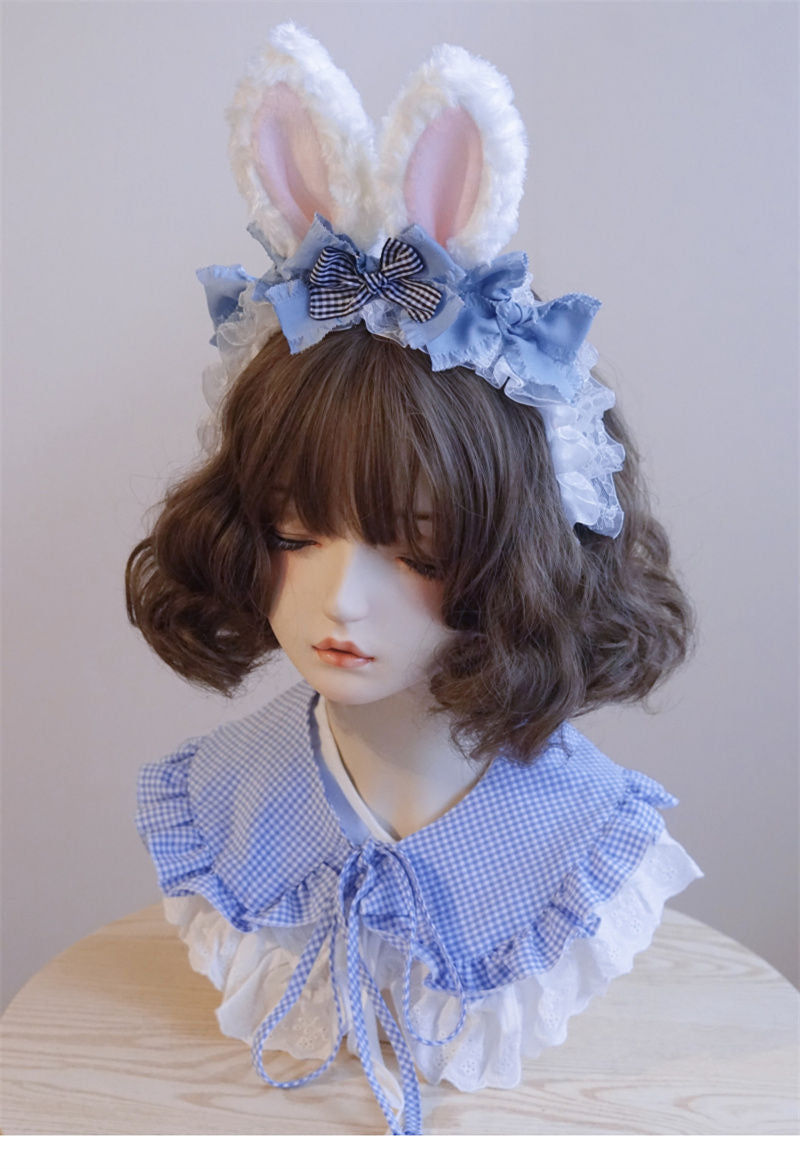 Original Handmade Light Blue Rabbit Ear Headband with Ruffled Edge Lolita Animal Ear Alice