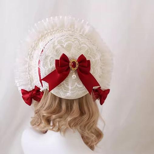 Xiaogui - Sweet Lolita Hat Strawberry Bonnet - with Lace and Bow Headwear