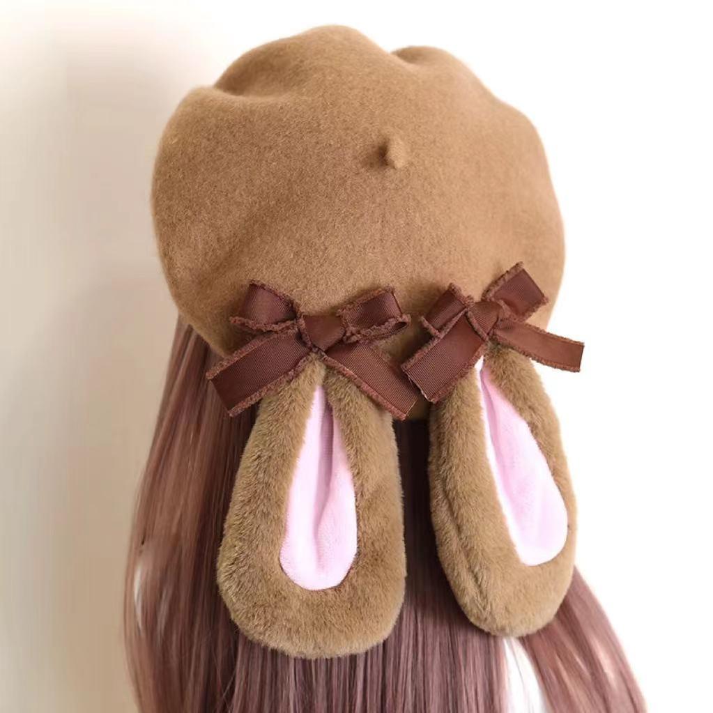 Xiaogui - Winter Lolita Beret Rabbit Ear Hat - Bow Beret Headwear