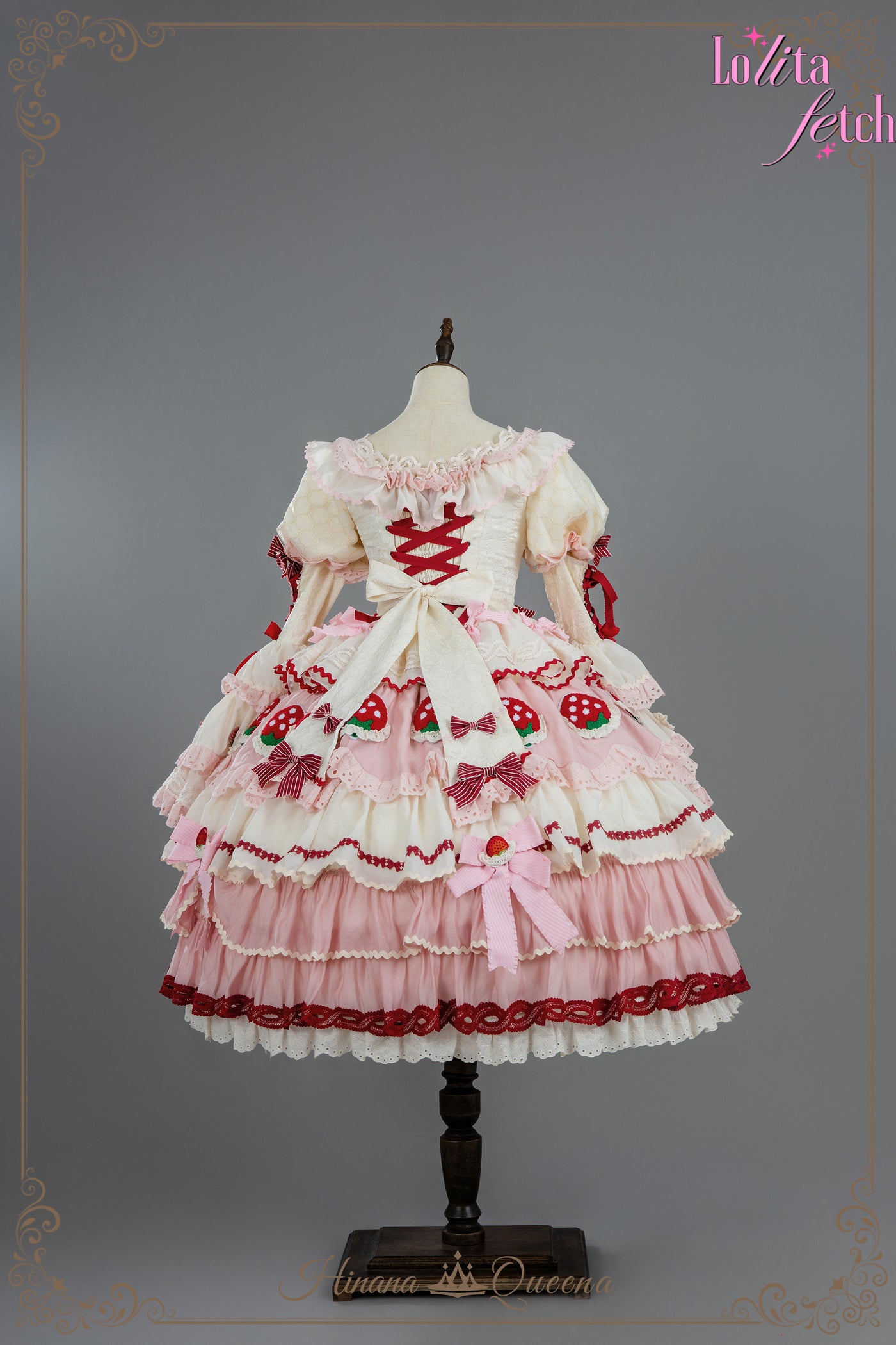 Gorgeous Strawberry Party Lolita Dress JSK OP by Lolita Fetch, featuring a detailed floral and strawberry print on a pink fabric.