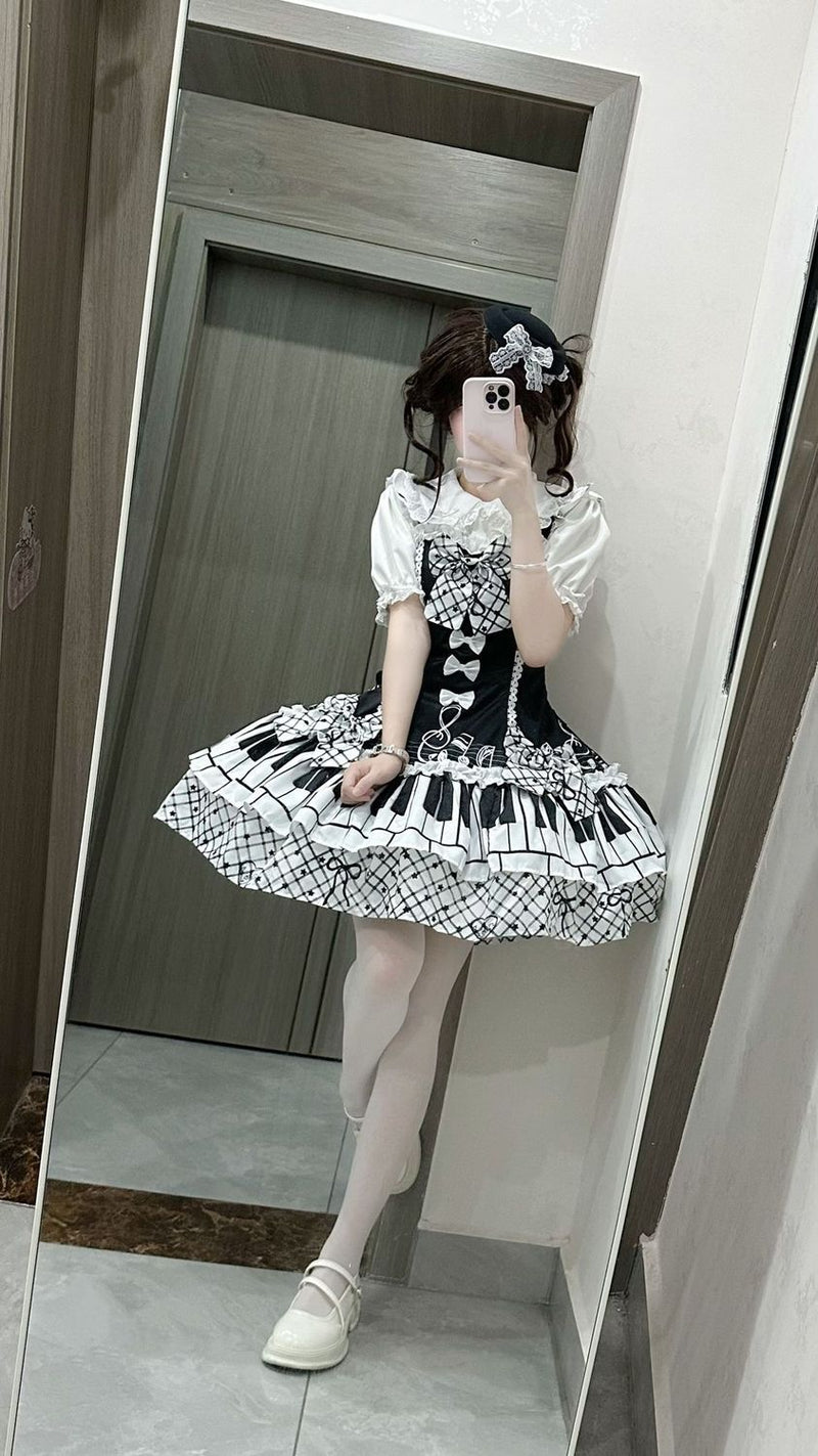 Black & White Sonata Piano Print Lolita JSK Dress - back and detachable train details