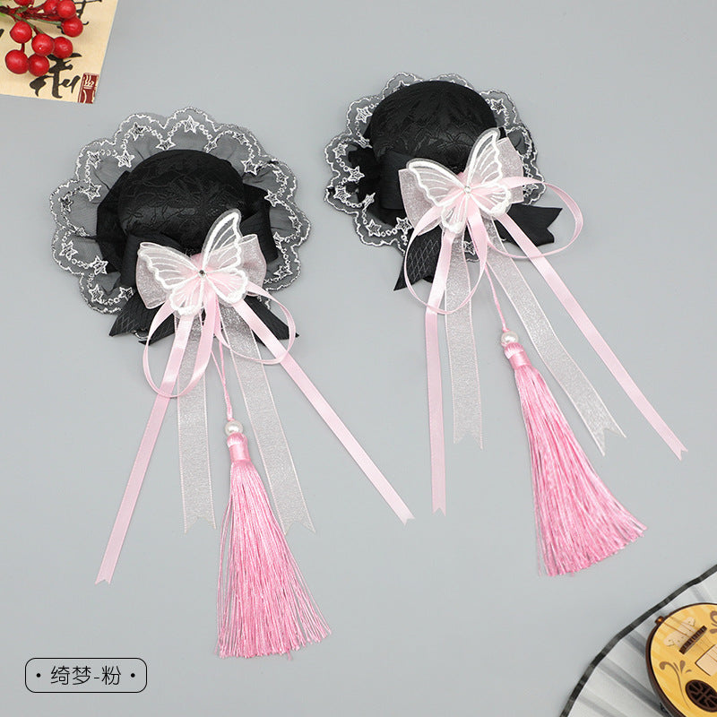 Handmade Lolita Chinese Style Bun Clip - Tassel Lace Bow Hair Ornament