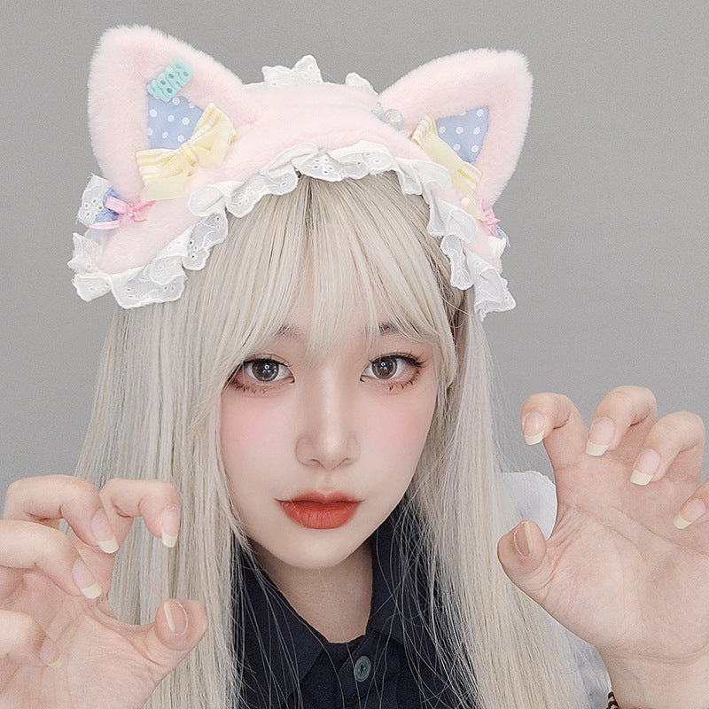 Lolita Japanese Style Girl Hair Accessories Cat Ear Hair Ornament Bow Hair Clip Plush Polka Dot Hairpin Cat Ear Headband - Lolita Fetch