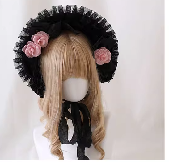 Xiaogui - Gothic Lolita Black Lace Flowers - Bonnet Headwear