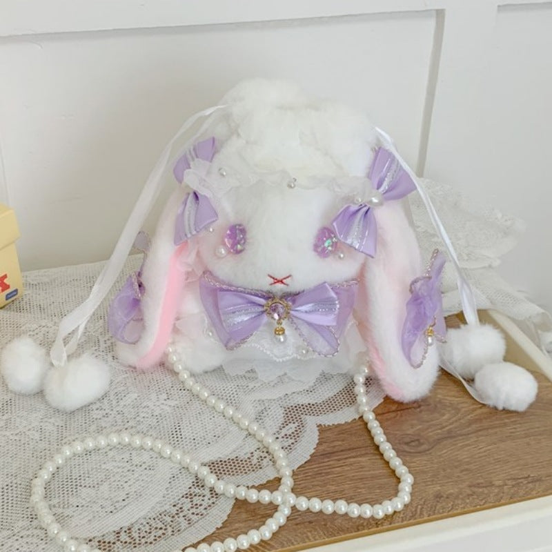 Lop-Eared Bunny Lolita Pearl Chain Doll Bag – 2025 Cute Bow Plush Shoulder Bag